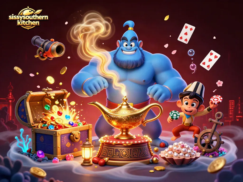 Sissyssouthernkitchen showcases a magical casino adventure with a genie, monkey, and poker chips.