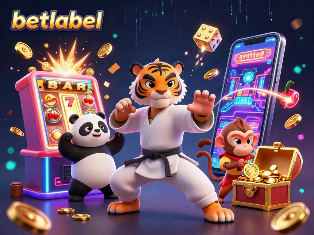 Engage with betlabel's thrilling casino scene featuring kung fu characters and vibrant gaming elements.