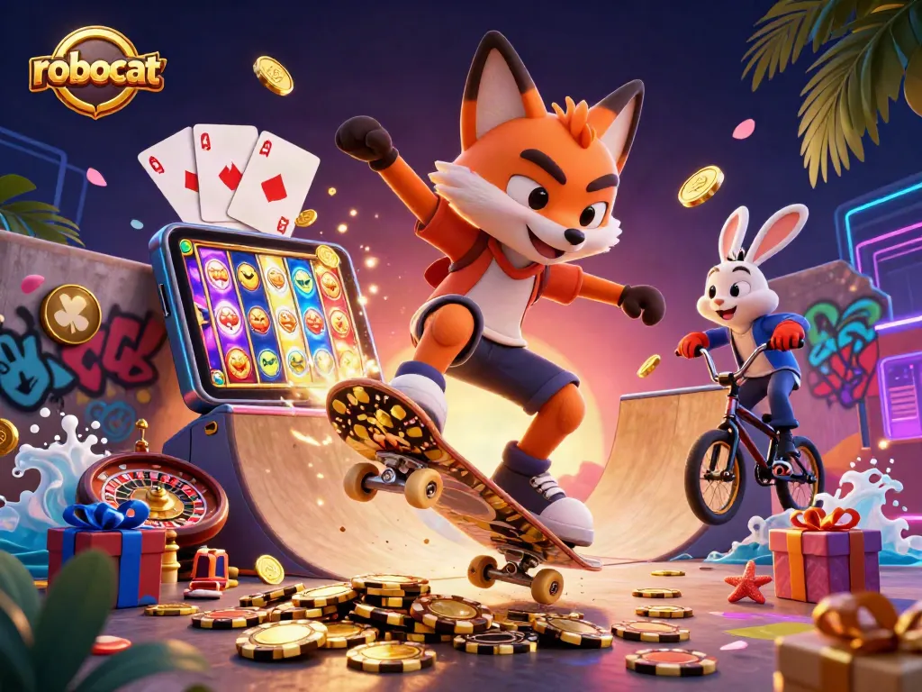 Play colorful slot games with robocat characters and casino elements in an energetic scene.